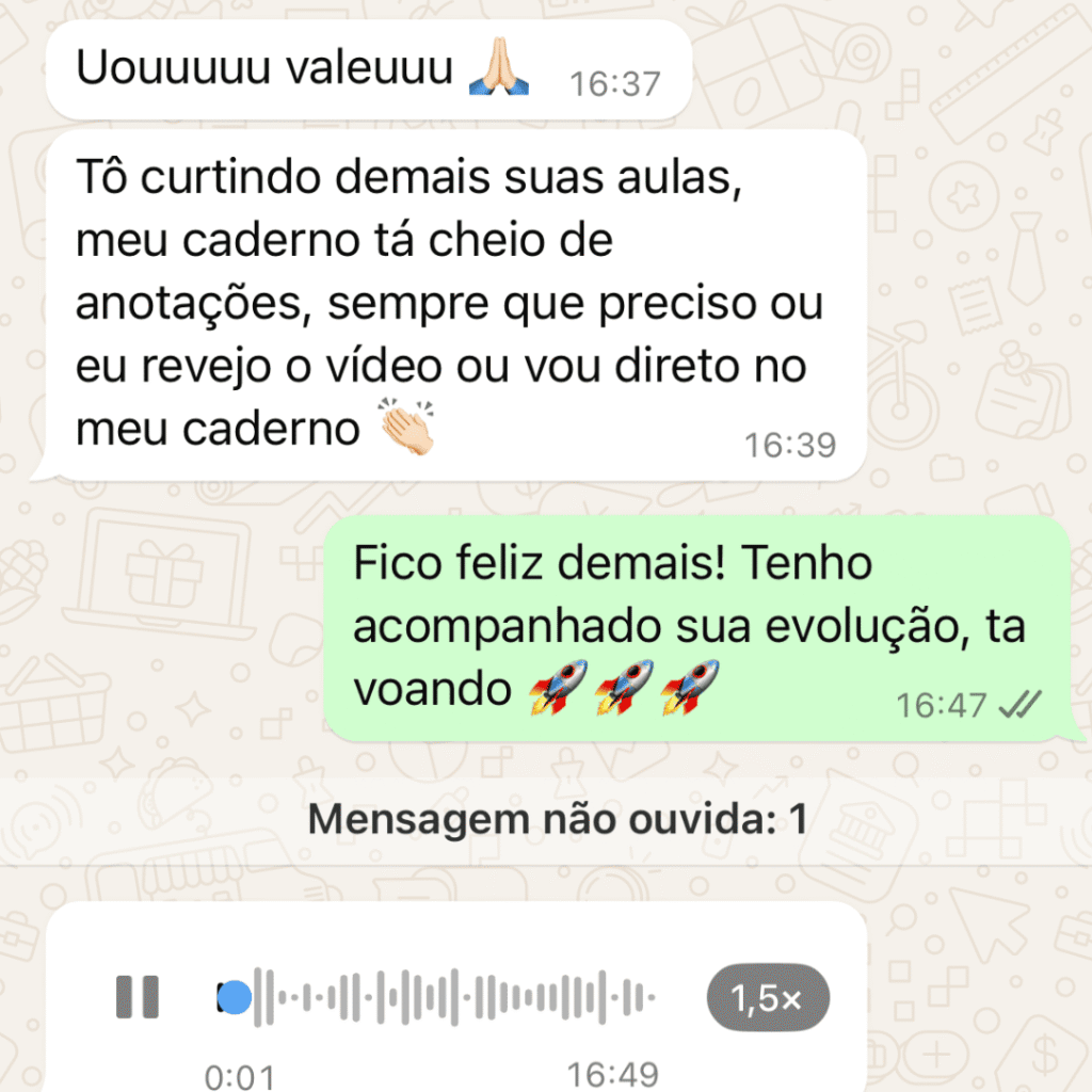 Depoimento de aluno no WhatsApp